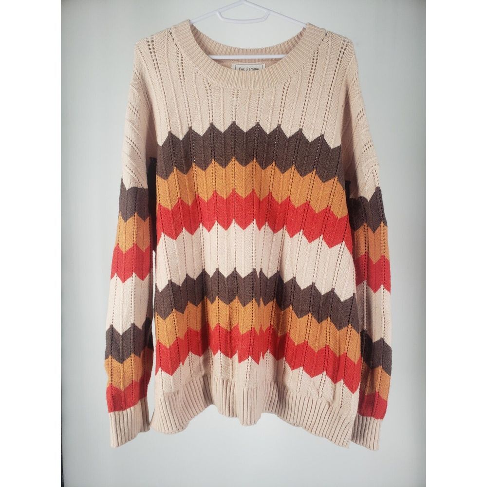 Ces Femme Colorful‎ Geometric Striped Oversized Knitted Sweater Loose Fit Sz S - Picture 2 of 9